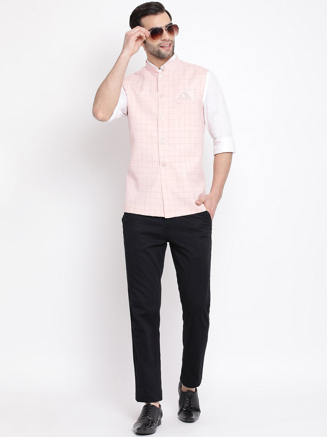 Men's Pink Checkered Classic Linen Nehru Jacket