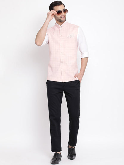 Men's Pink Checkered Classic Linen Nehru Jacket