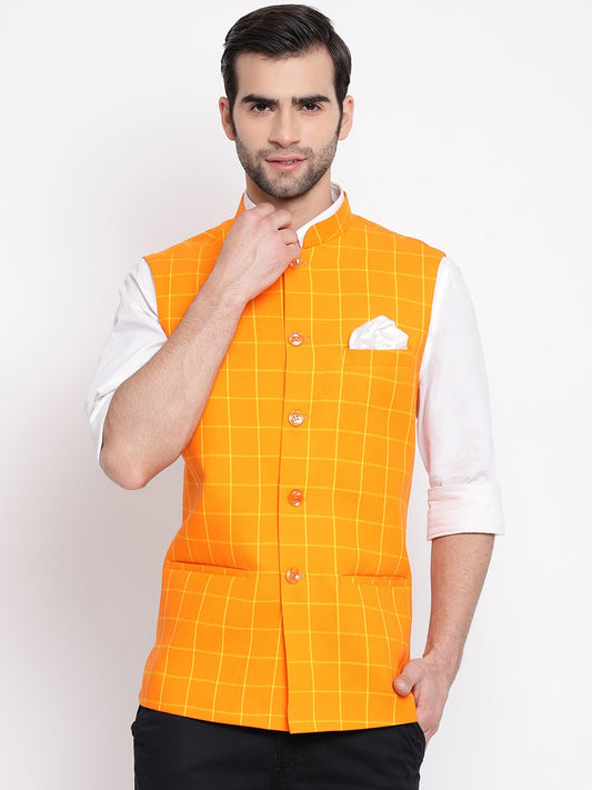 Men's Orange Checkered Pattern Classic Nehru Jacket