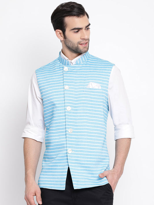 Men's Blue Stripes And Angrakha Pattern Classic Nehru Jacket