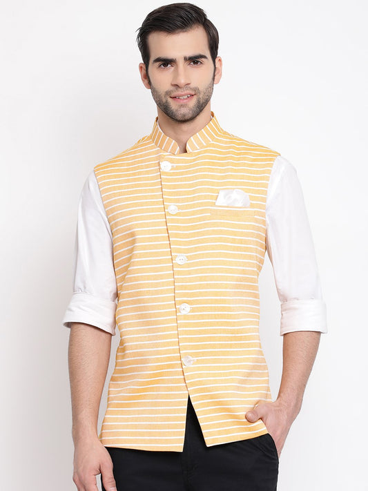 Men's Orange Stripes And Angrakha Pattern Classic Nehru Jacket