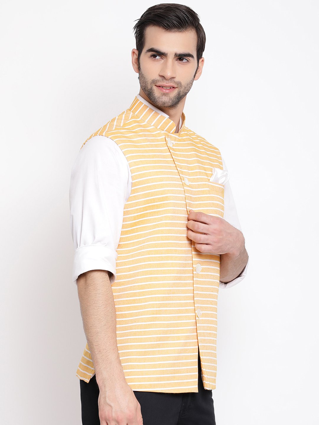 Men's Orange Stripes And Angrakha Pattern Classic Nehru Jacket