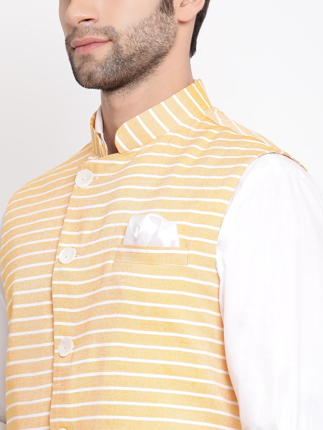 Men's Orange Stripes And Angrakha Pattern Classic Nehru Jacket