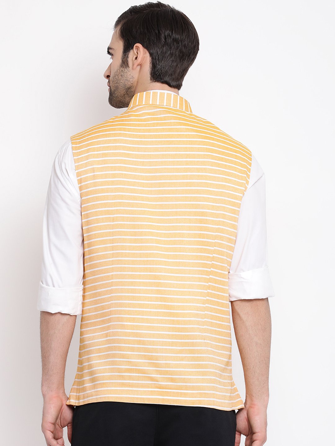 Men's Orange Stripes And Angrakha Pattern Classic Nehru Jacket