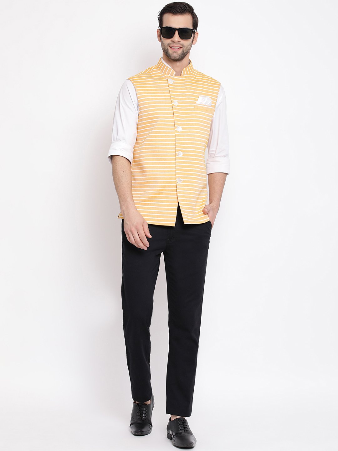 Men's Orange Stripes And Angrakha Pattern Classic Nehru Jacket