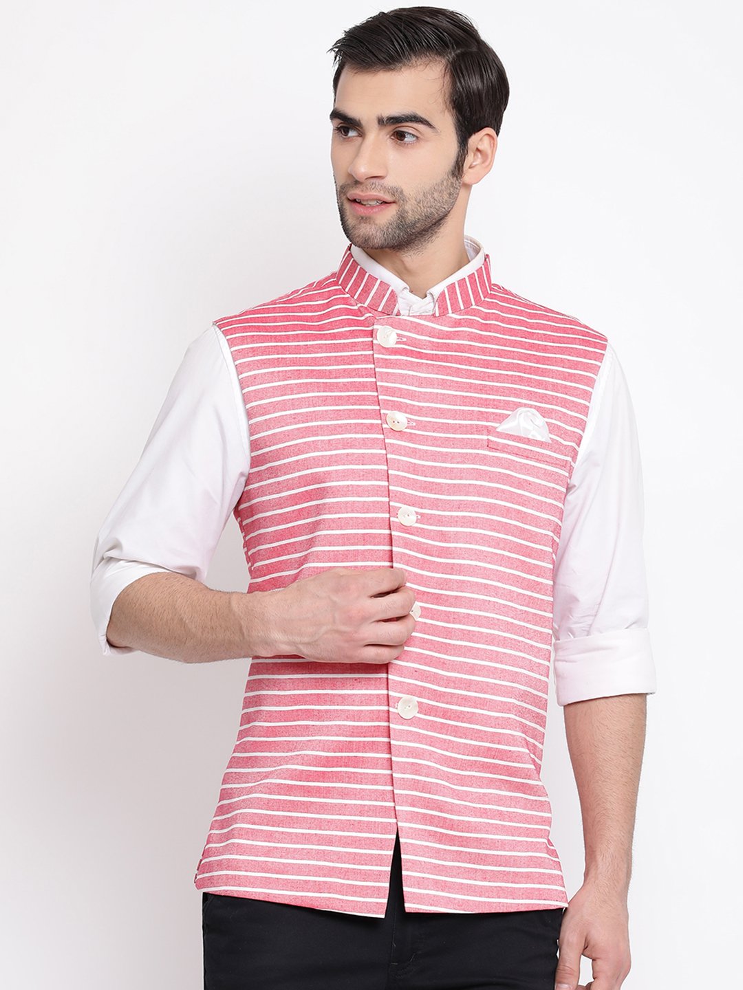 Men's Red Stripes And Angrakha Pattern Classic Nehru Jacket