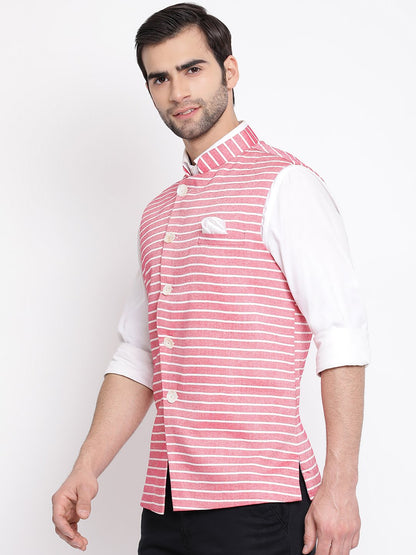 Men's Red Stripes And Angrakha Pattern Classic Nehru Jacket