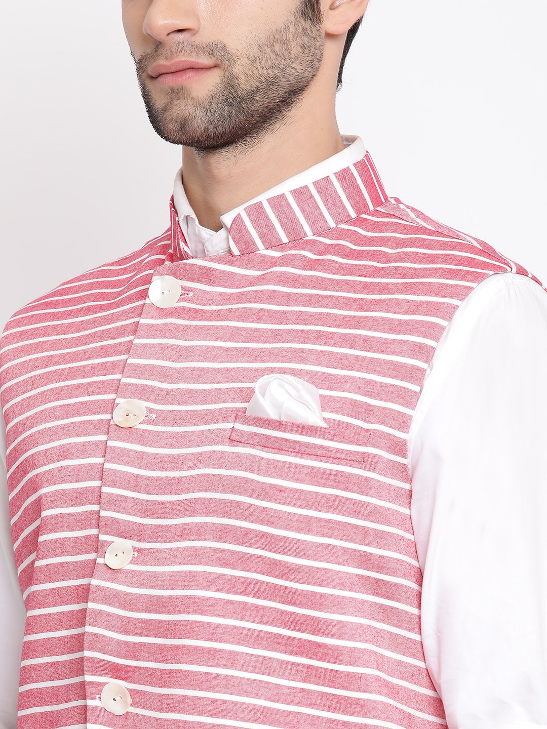 Men's Red Stripes And Angrakha Pattern Classic Nehru Jacket