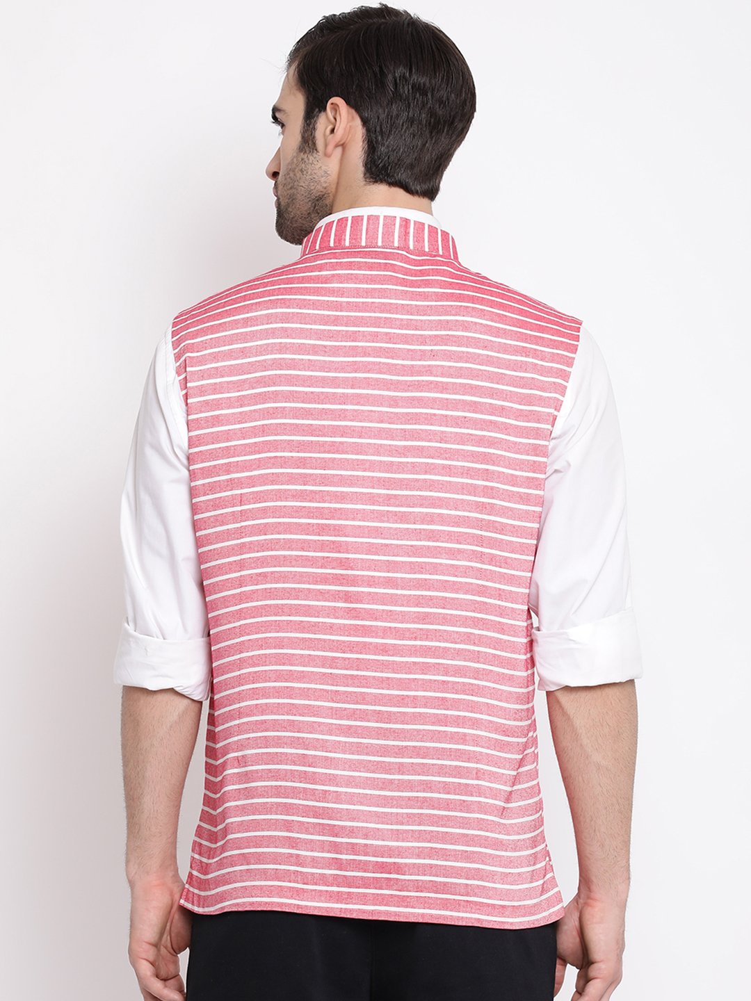 Men's Red Stripes And Angrakha Pattern Classic Nehru Jacket