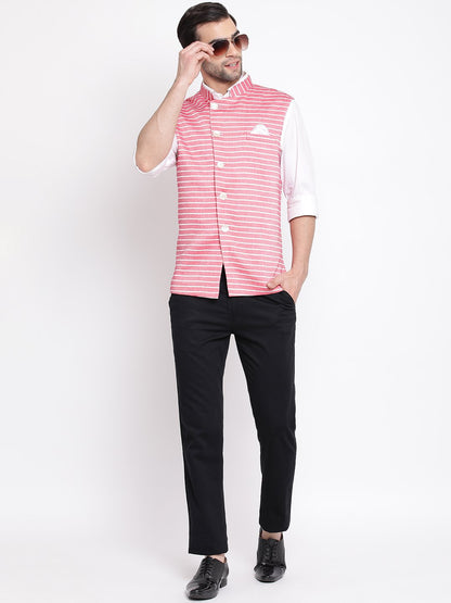 Men's Red Stripes And Angrakha Pattern Classic Nehru Jacket