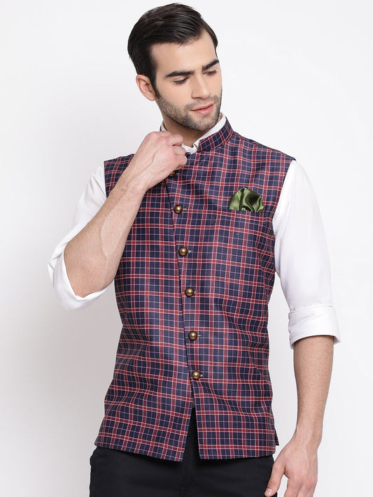 Men's Blue Checkered And Angrakha Pattern Classic Nehru Jacket