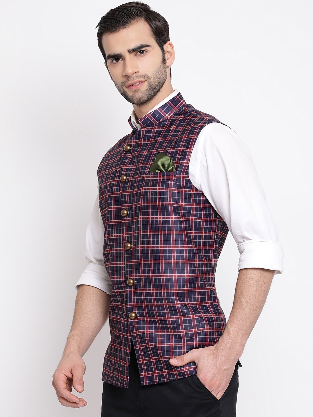 Men's Blue Checkered And Angrakha Pattern Classic Nehru Jacket