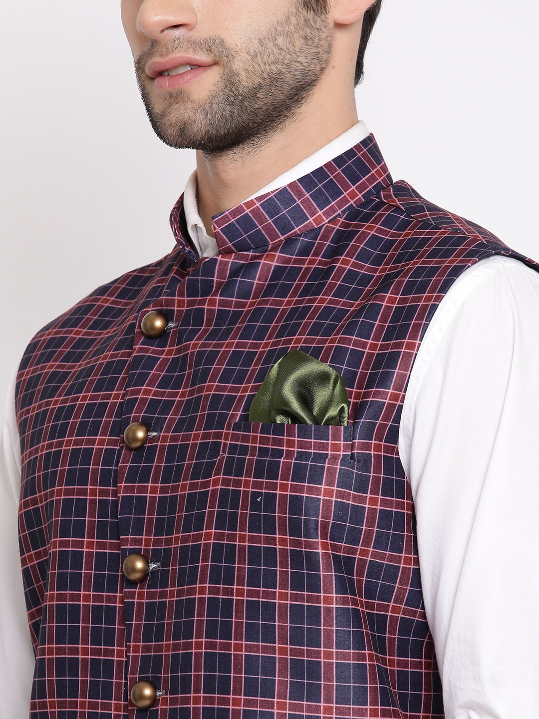 Men's Blue Checkered And Angrakha Pattern Classic Nehru Jacket