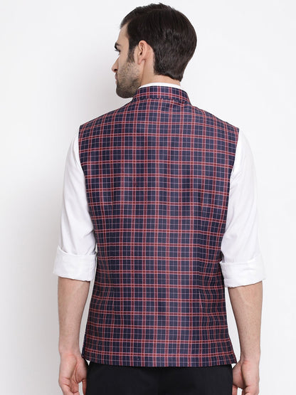 Men's Blue Checkered And Angrakha Pattern Classic Nehru Jacket