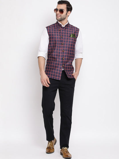 Men's Blue Checkered And Angrakha Pattern Classic Nehru Jacket