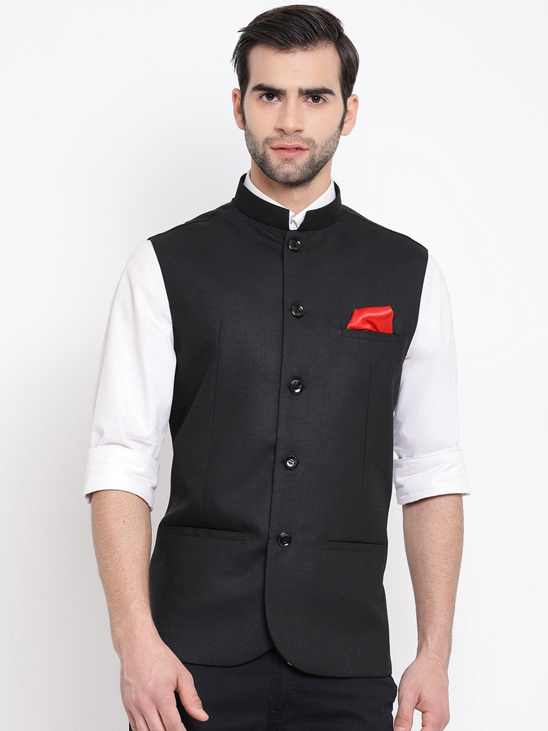 Men's Black Cotton Silk Blend Nehru Jacket