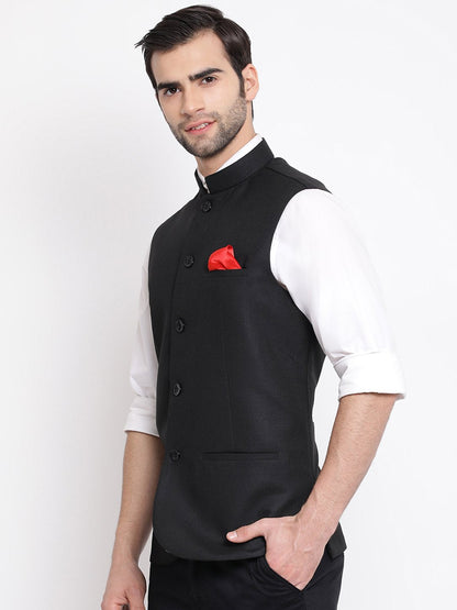 Men's Black Cotton Silk Blend Nehru Jacket