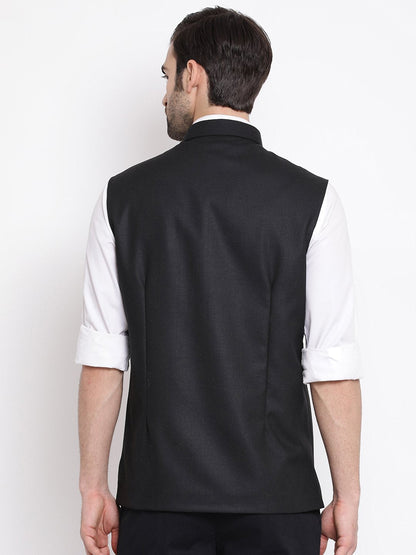 Men's Black Cotton Silk Blend Nehru Jacket