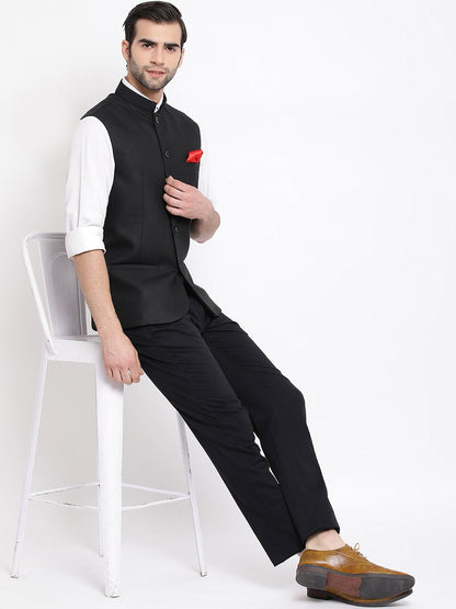 Men's Black Cotton Silk Blend Nehru Jacket