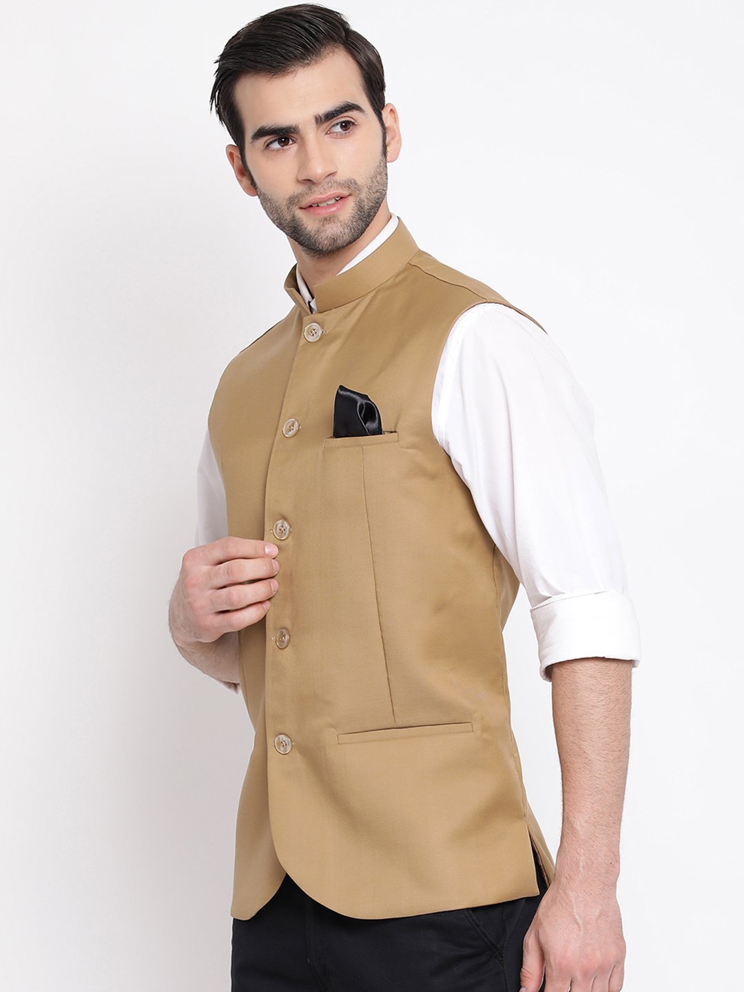 Men's Beige Cotton Blend Twill Nehru Jacket