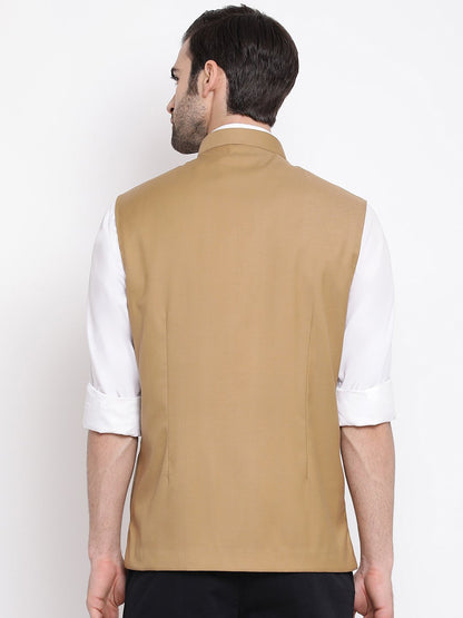 Men's Beige Cotton Blend Twill Nehru Jacket