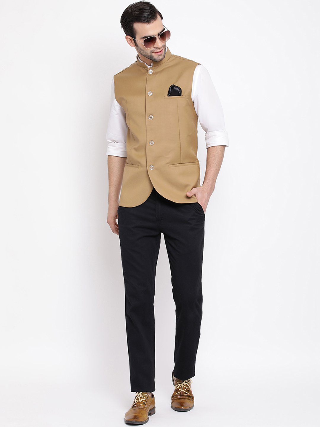 Men's Beige Cotton Blend Twill Nehru Jacket