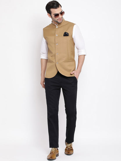 Men's Beige Cotton Blend Twill Nehru Jacket