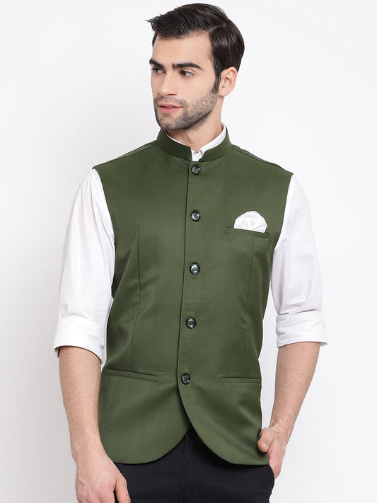 Men's Green Cotton Blend Twill Nehru Jacket