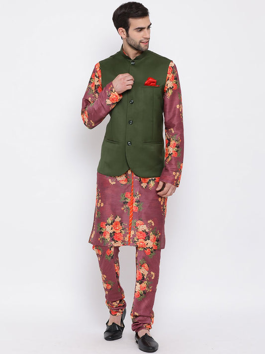 Men's Green Twill Jacket, Printed Kurta and Pyjama Set