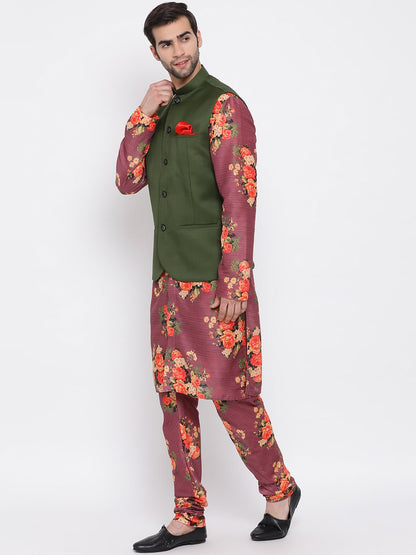 Men's Green Twill Jacket, Printed Kurta and Pyjama Set