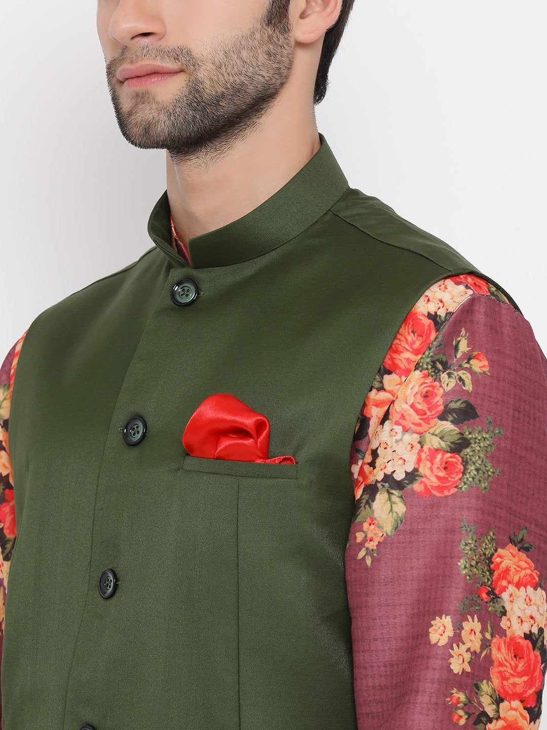 Men's Green Twill Jacket, Printed Kurta and Pyjama Set