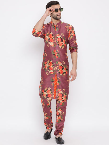 Men's Green Twill Jacket, Printed Kurta and Pyjama Set