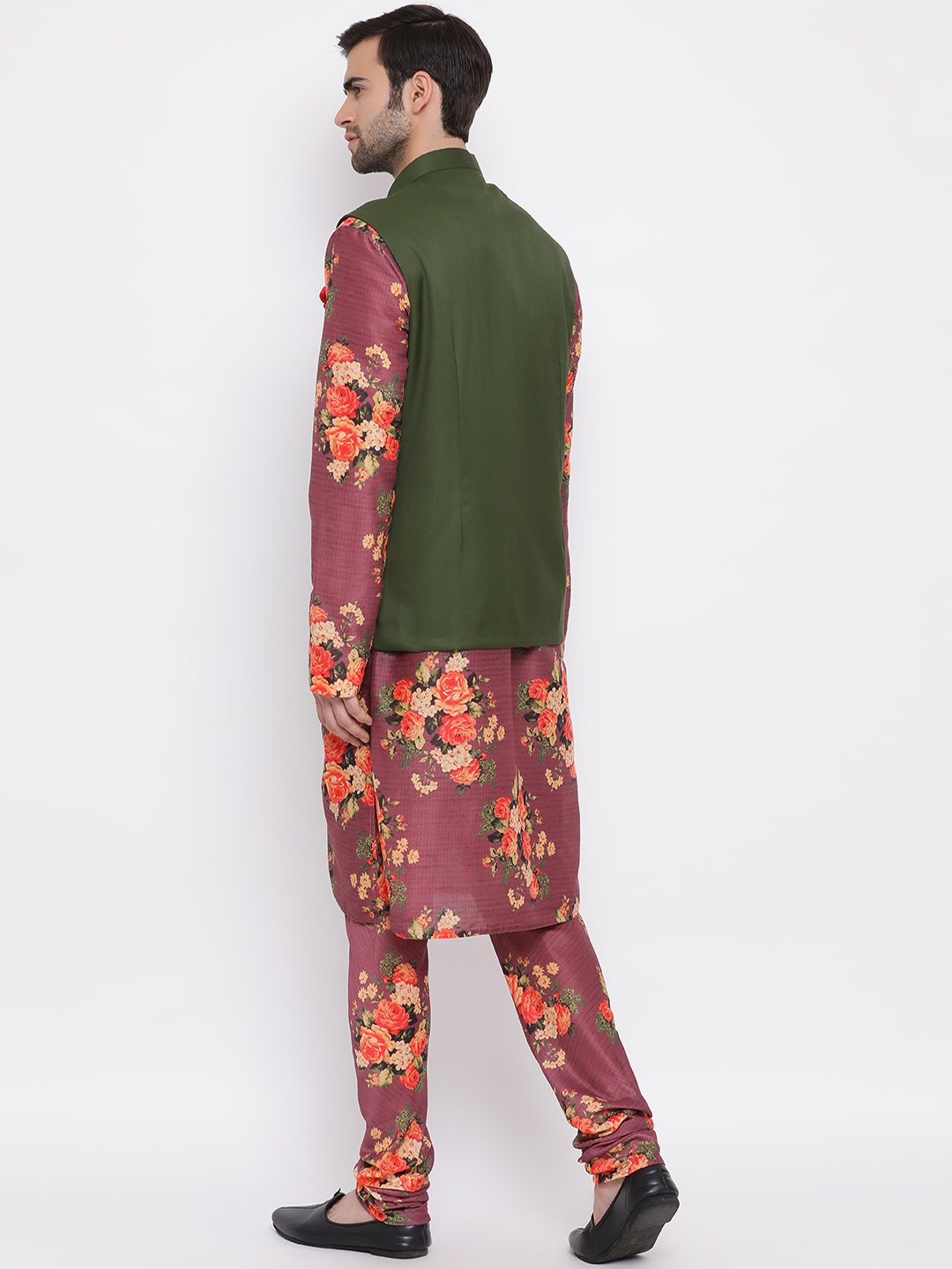 Men's Green Twill Jacket, Printed Kurta and Pyjama Set