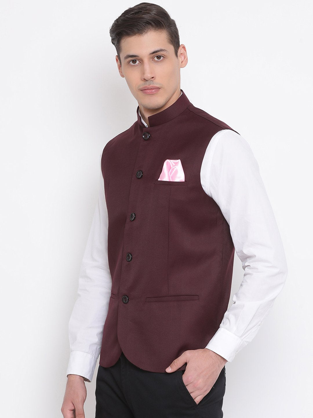 Men's Maroon Cotton Blend Twill Nehru Jacket