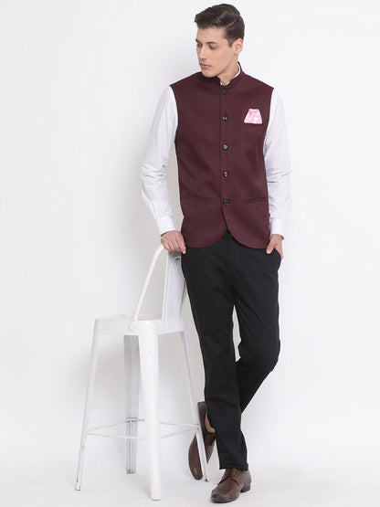 Men's Maroon Cotton Blend Twill Nehru Jacket