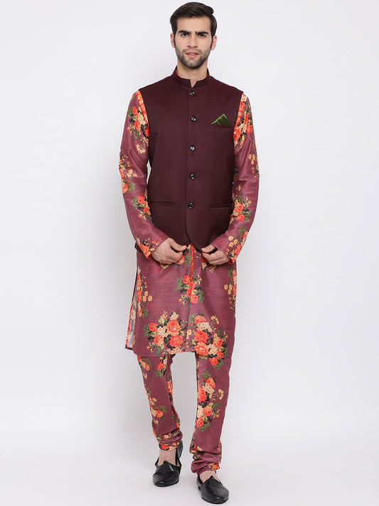 Men's Maroon Twill Jacket, Printed Kurta and Pyjama Set