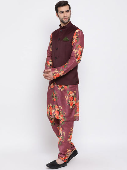 Men's Maroon Twill Jacket, Printed Kurta and Pyjama Set