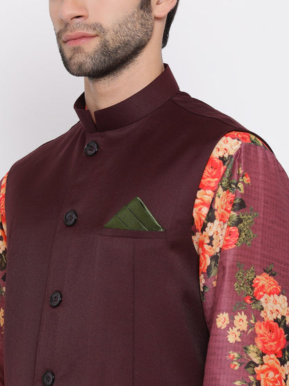 Men's Maroon Twill Jacket, Printed Kurta and Pyjama Set