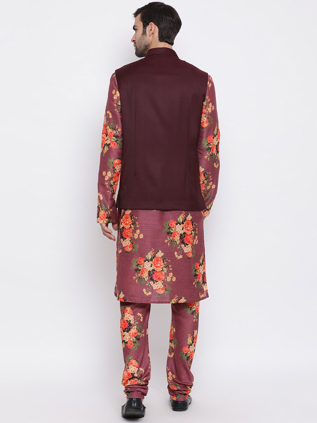 Men's Maroon Twill Jacket, Printed Kurta and Pyjama Set