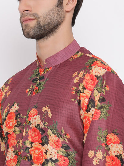 Men's Maroon Twill Jacket, Printed Kurta and Pyjama Set