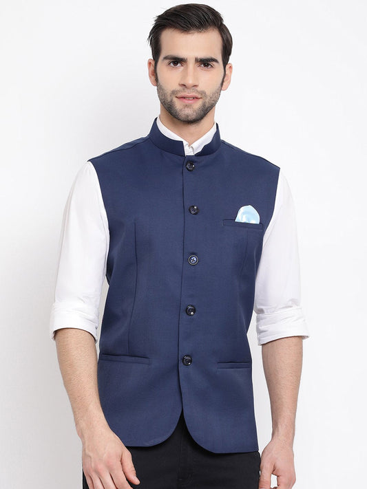 Men's Navy Blue Cotton Blend Twill Nehru Jacket