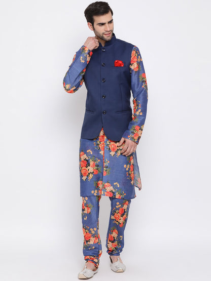 Men's Navy Blue Twill Jacket, Printed Kurta and Pyjama Set