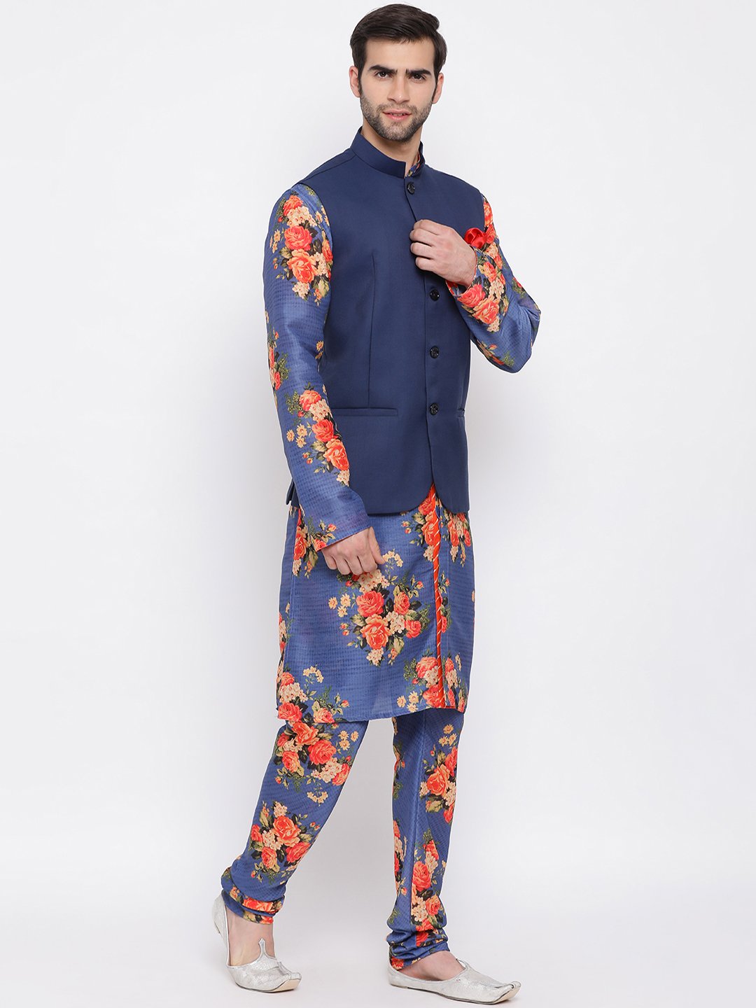 Men's Navy Blue Twill Jacket, Printed Kurta and Pyjama Set