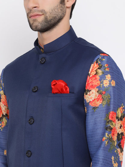 Men's Navy Blue Twill Jacket, Printed Kurta and Pyjama Set