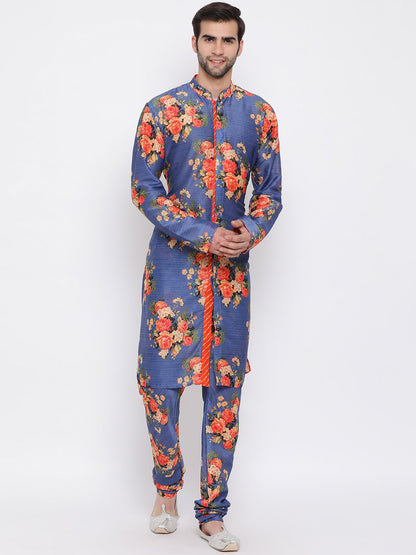 Men's Navy Blue Twill Jacket, Printed Kurta and Pyjama Set