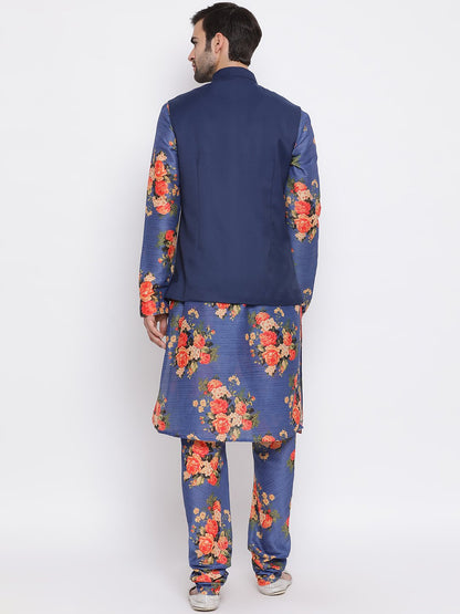 Men's Navy Blue Twill Jacket, Printed Kurta and Pyjama Set