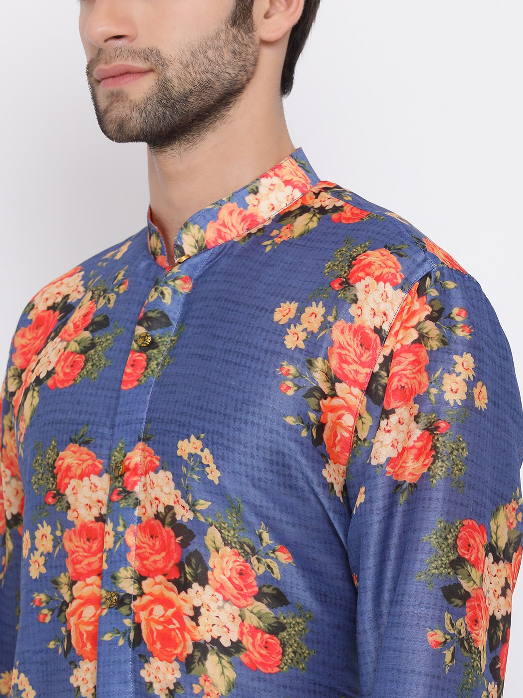 Men's Navy Blue Twill Jacket, Printed Kurta and Pyjama Set