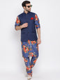 Men's Navy Blue Twill Jacket, Printed Kurta and Pyjama Set