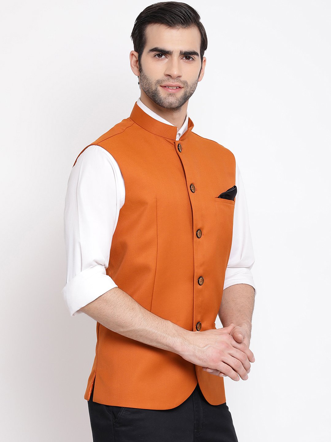 Men's Orange Cotton Blend Twill Nehru Jacket