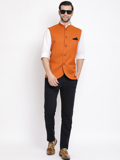 Men's Orange Cotton Blend Twill Nehru Jacket